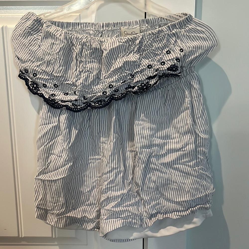Jessica Simpson short romper, blue and white striped, strapless